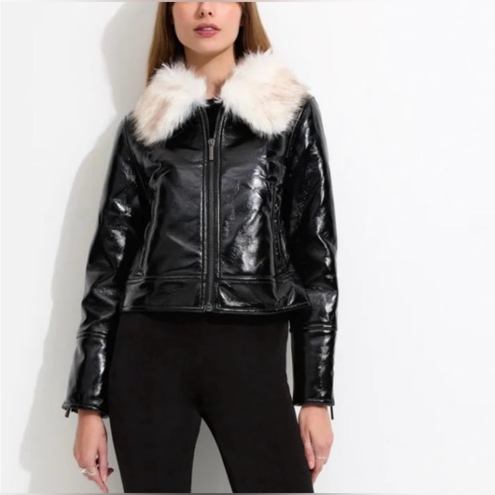 Unreal Fur Black Patent Leather Wet
Look Aviator Jacket sz. Med biker jacket